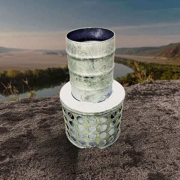 Durable pump strainer with hose tail connection used in water pumping and filtration systems.