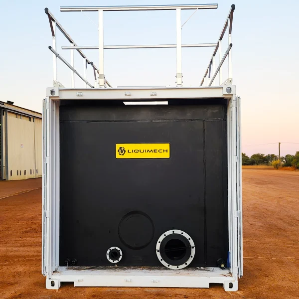 A large Liquimech tank designed for bulk liquid storage, showcasing its protective guard rail system for enhanced workplace safety.